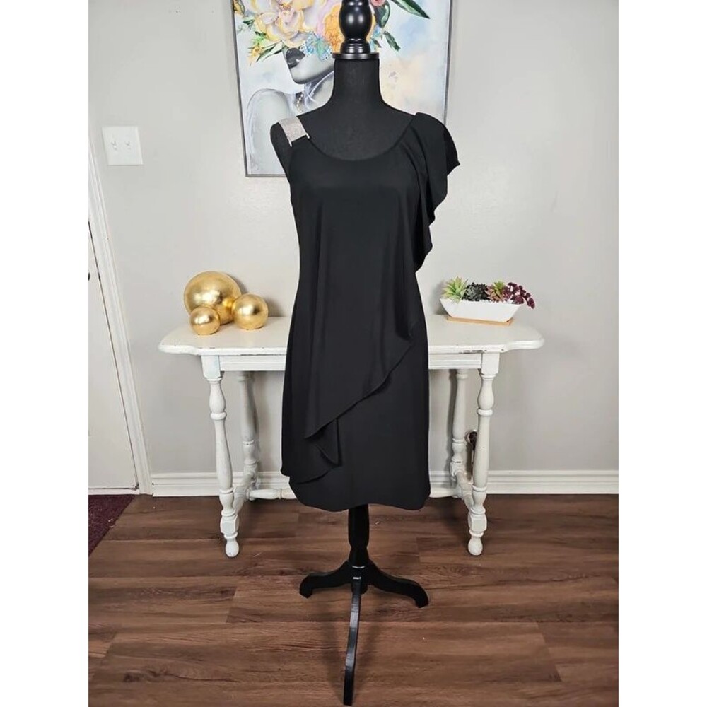 Established 1962 Black Asymmetric Rhinestone Strap Tiered Sheath Dress 4 EUC